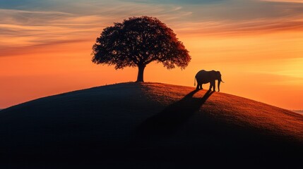 Wall Mural - A solitary tree on a hill, with its shadow stretching next to the massive shadow of an elephant, both illuminated by the setting sun. Focus on shadows. No people.