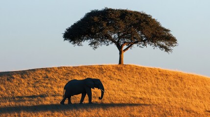 Wall Mural - A solitary tree on a hill, with its shadow stretching next to the massive shadow of an elephant, both illuminated by the setting sun. Focus on shadows. No people.