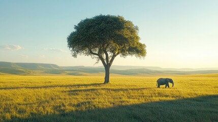 Wall Mural - A tall tree in a wide open field, with the shadow of an elephant beside it, both shadows elongated by the soft morning light. Focus on the shadows. No people.