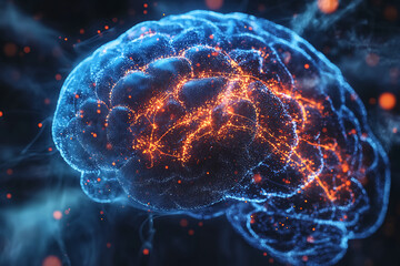 Poster - A glowing, abstract representation of a human brain with neural connections illuminated.