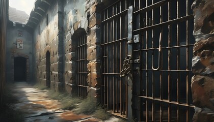 Wall Mural - Desolate prison cell with iron bars, solitary prisoner evoking themes of confinement and deep despair