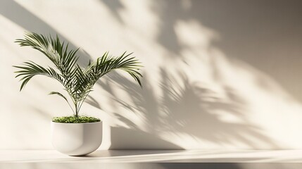 Poster - a white table holds a vase filled with a green plant nearby a palm tree casts a shadow