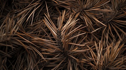 Poster - Macro pine needle texture with warm earthy tones and rustic organic feel capturing the serenity of a winter forest atmosphere with intricate details and subtle shadows