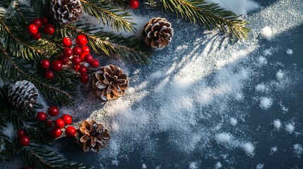 Poster - Christmas tree branch with shadow, snow, and decorations