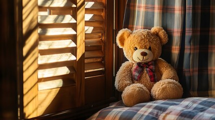 Canvas Print - A fluffy teddy bear peeks out from wooden shutters next to a plaid curtain, bathed in warm, nostalgic sunlight. 