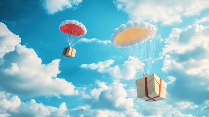 Wall Mural - A Box flying on a parachute with pink cloud,vector illustration of package flying down from sky and cloud with parachute, concept for delivery service,shopping online,air delivery service.