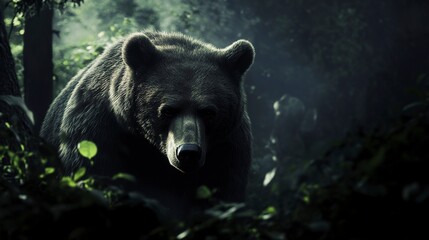 Wall Mural - A bear emerging from the shadows of a dense forest, with its fur blending into the dark, mysterious surroundings