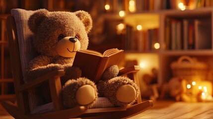 Wall Mural - A teddy bear sits in a rocking chair, reading a book in a cozy room with a warm glow. 