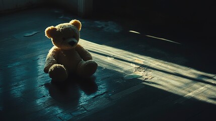 Canvas Print - Small teddy bear sitting in beam of sunlight on dark floor with dramatic shadow