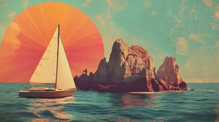 Retro-styled sailboat by rocky coast under vibrant sun in vintage seascape