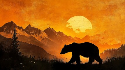 Sticker - Artistic image of a bear walking in silhouette against a backdrop of mountains and a vibrant orange sky. 