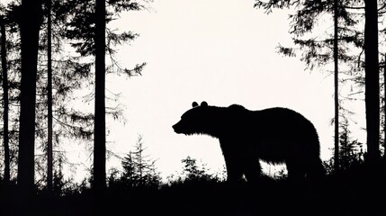 Wall Mural - black and white silhouette of a bear standing in a forest, capturing the essence of wilderness and n