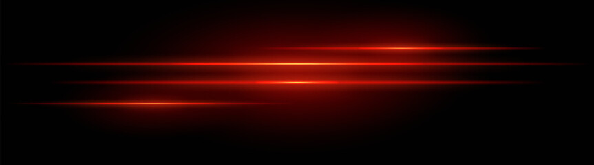 Red neon stripes or light flash. Laser beams, horizontal beams. Beautiful light reflections. Glowing stripes on a black background.