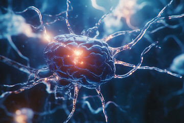 Poster - A close-up view of a neuron with glowing connections, illustrating neural activity.