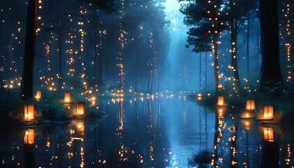 Mystical forest illuminated by glowing lights reflecting on tranquil waters, evoking a serene and enchanting atmosphere in the shadows of night