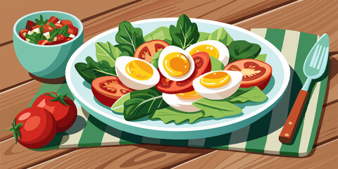 A fresh spinach salad with boiled eggs, tomatoes, and greens on a wooden cutting board, ready for a healthy meal