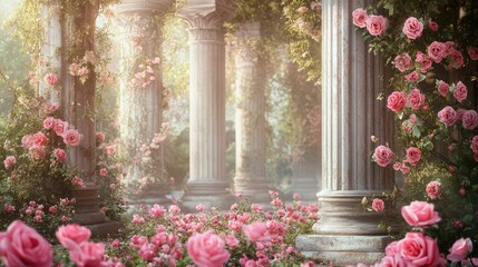 Wall Mural - Majestic columns surrounded by vibrant pink roses, creating a peaceful and romantic atmosphere.