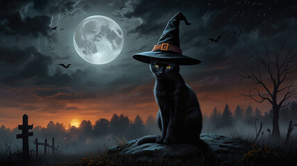 Black cat wearing witch hat with full moon in the background, Halloween or Friday the 13th concept.