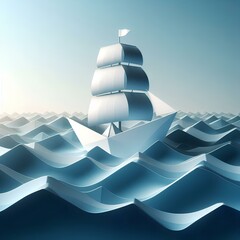 Wall Mural - paper ship at sea rendering minimal background.