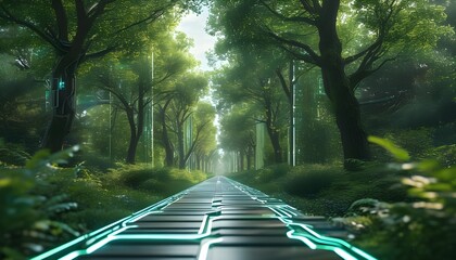 Wall Mural - Harmony of Nature and Technology: Glowing Circuit Board Pathway Through Lush Greenery