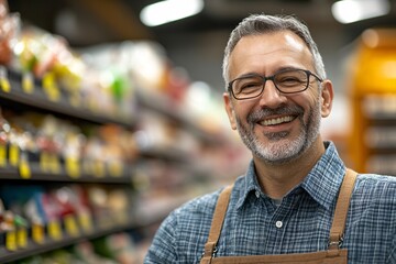 Smiling shopkeeper in an aisle, showcasing a welcoming atmosphere in a grocery store, perfect for small business themes.