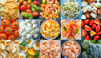 Wall Mural - Background of food dishes and snacks. Photo collage, banner from photos