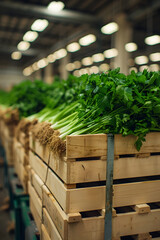 Wall Mural - Parsley harvested in wooden boxes in a warehouse. Natural organic fruit abundance. Healthy and natural food storing and shipping concept.