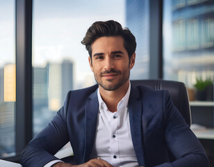 Wall Mural -  Relaxed businessman sitting at his desk, conveying calmness and confidence in an office set_1(478)