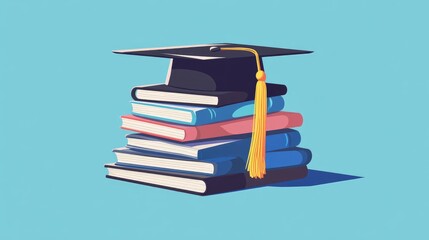 A celebratory illustration of a stack of books with a graduation cap, symbolizing years of study and the achievement of knowledge.