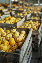 Wall Mural - Pumpkin vegetables harvested in wooden boxes in a warehouse. Natural organic fruit abundance. Healthy and natural food storing and shipping concept.