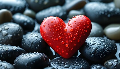 Wall Mural - Love and Romance in Nature: Close-Up of Red Heart-Shaped Stones with Water Droplets on Black Pebbles