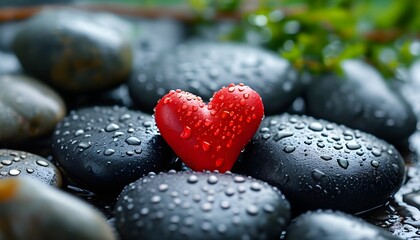 Wall Mural - Love and Romance in Nature: Close-Up of Red Heart-Shaped Stones with Water Droplets on Black Pebbles