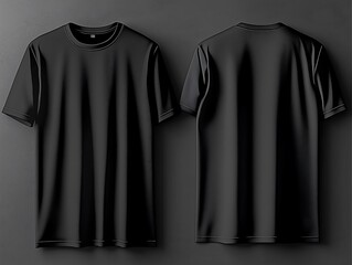 Front and back views of black t-shirts on dark wall