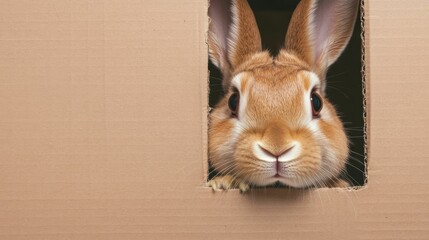 An adorable bunny peeking its face and paws through a hole in a cardboard box, showcasing its whiskers and cute expression, set indoors..