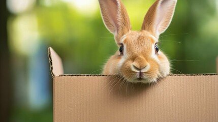 A rabbit peeks out from a cardboard box in a lush, green outdoor setting, showing its curious face and whiskers with a soft, blurred background..