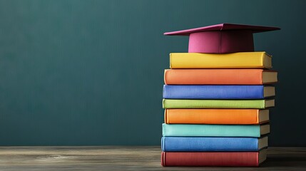 A colorful stack of books with a graduation cap on top, symbolizing the journey through education and the achievement of graduation.