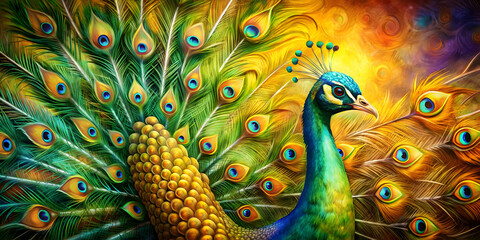 Painting of a majestic peacock with vibrant gold and green feathers , peacock, painting, art, feathers, gold, green