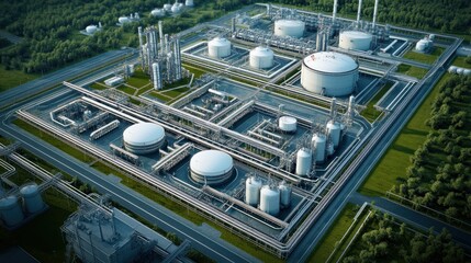 A large gas storage facility with several storage tanks and a complex network of pipelines for distributing gas to various locations