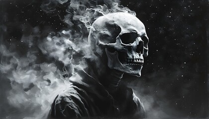 Eerie black-and-white portrayal of a ghostly skeleton amid a dark, starry backdrop, evoking a haunting and mysterious ambiance