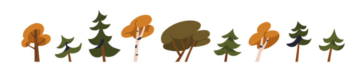 Poster - Trees set. Pine, fir and leaf forest plants. Autumn fall wood collection, deciduous foliage and conifer species. Woodland collection. Botanical flat vector illustration isolated on white background