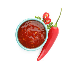 Poster - Hot chili sauce in bowl, parsley and pepper isolated on white, top view