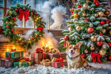 Gift boxes, garlands, a Christmas tree and a Welsh Corgi dog in the home interior of the living room. A cozy concept for the Christmas holidays in 2025. Preparing gifts for loved ones