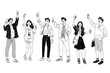 © Olena Kapinus - A collection of black and white illustrations depicting colleagues celebrating a successful project in a casual office environment. The style is simple line art