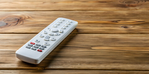 A white remote control for electronic devices on a wooden table, technology, device, entertainment, television, gadget, wireless