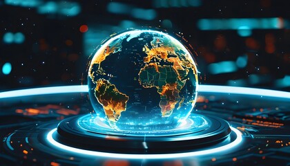 Futuristic digital globe on a luminous platform representing technology, data, and global connectivity