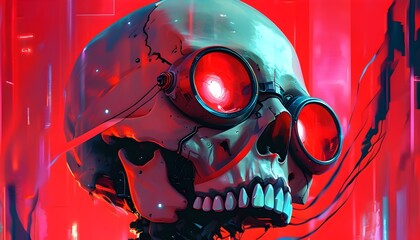 Wall Mural - Futuristic cyberpunk skull illustration with glowing eyes on a vivid red background, embodying vibrant dystopian themes and bold artistic expression