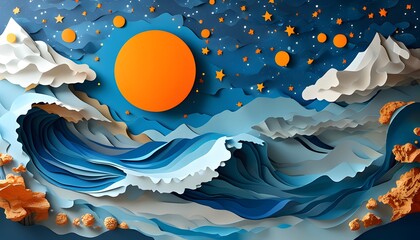 Wall Mural - Surreal night sky with vibrant orange sun, blue ocean waves, and majestic mountains in an abstract paper art illustration