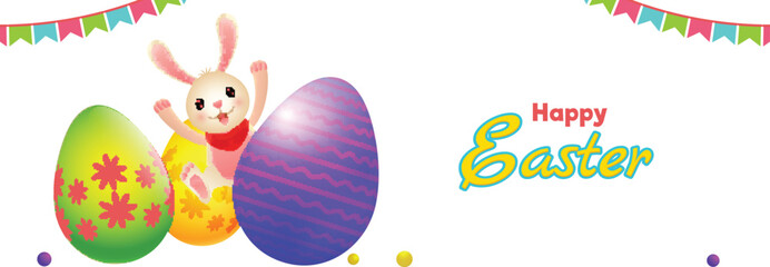 Poster - Happy Easter header or banner design with colorful printed easter eggs and cute cheerful bunny illustration on white background.