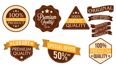 Sticker - Premium Quality Products stickers, tags, labels, badges or ribbons set in brown and golden color.