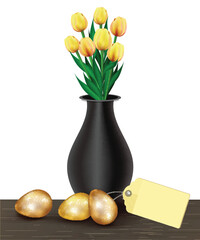 Canvas Print - 3D Golden Eggs with Tulip Flower Pot, Blank Tag on Wooden Table for Easter Festival Concept.